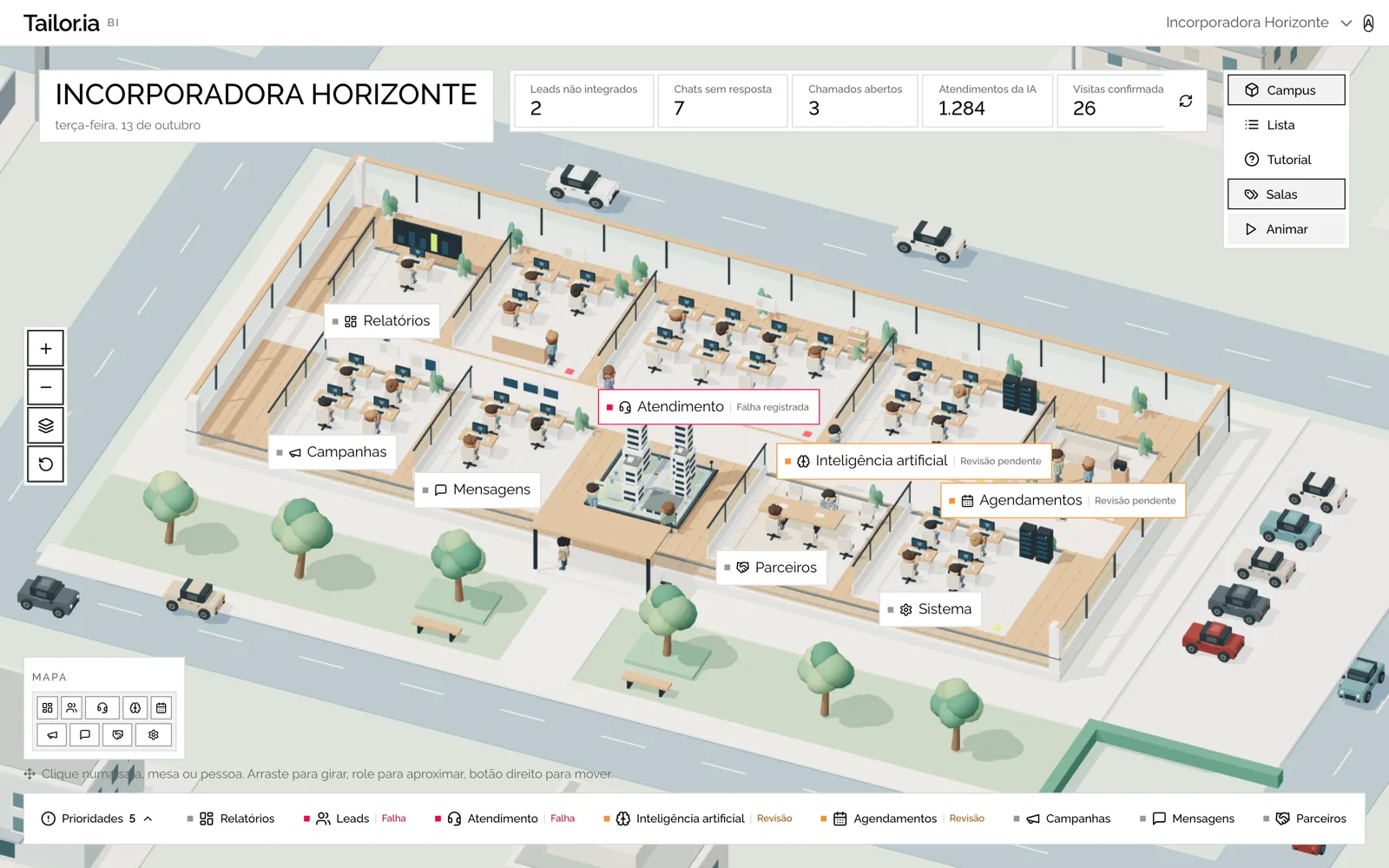 Página inicial do BI em modo Campus: prédio 3D com as salas, indicadores no topo, controles de câmera à esquerda, mapa e barra de salas embaixo.