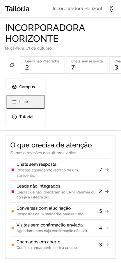 Visão Lista no celular: nome da conta, indicadores, botões Campus, Lista e Tutorial e o bloco de atenção.
